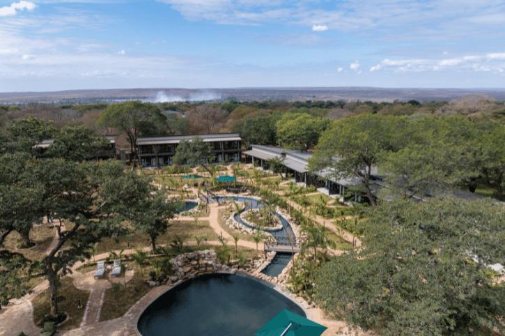 Waterfalls Lodge pool and gardens from above