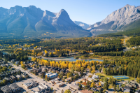 Aerial View of Canmore with mountain backdrop, Kananaskis Country, Alberta