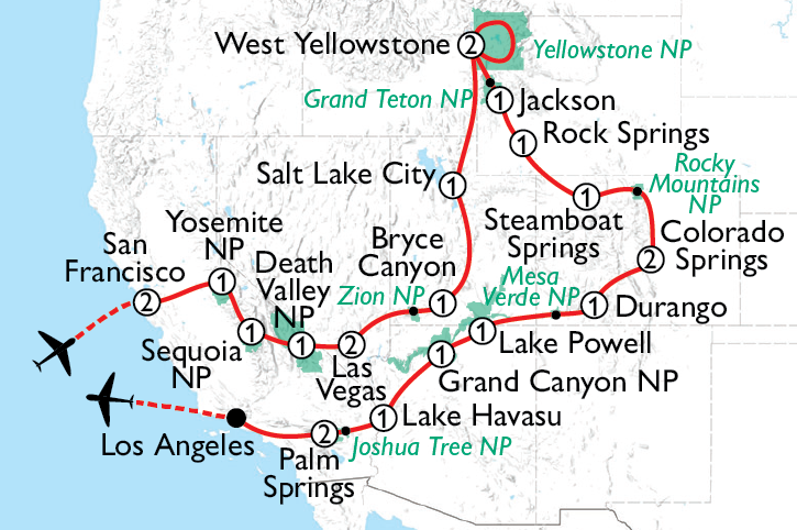 American National Parks, Fly Drive Holiday, Route Map
