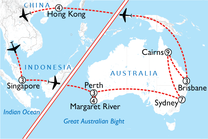 Map of Australia, Singapore & Hong Kong