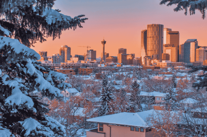 Calgary Skyline at sunset in the winter