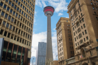 View up the Calgary Tower, in Downtown Calgary, Alberta, Canada