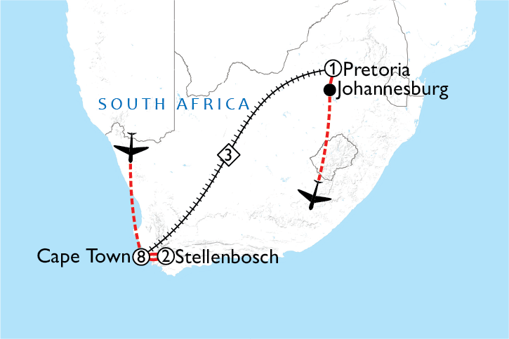 Map of Cape Town Test, Winelands & Rovos Rail
