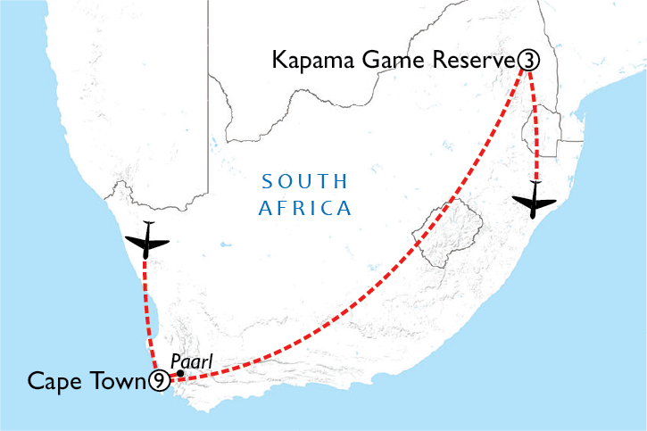 Map of Cape Town Test & ODI + Kruger Safari
