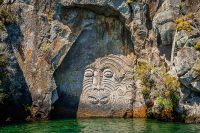 Rock carvings at Mine Bay, Lake Taupo, New Zealand