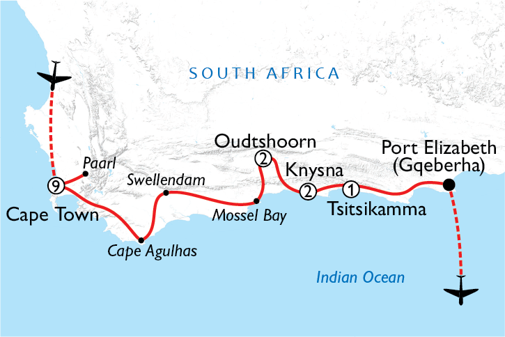 Map of Cape Town Test & ODI + Garden Route Tour
