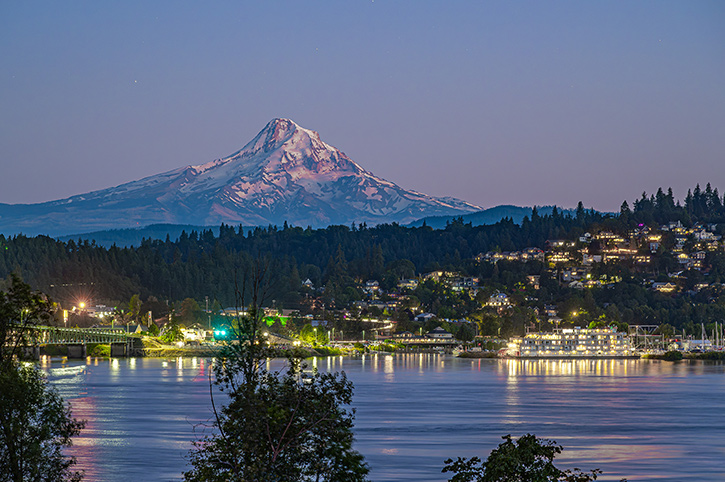 Evening view, Hood River & Mount Hood with Riverboat