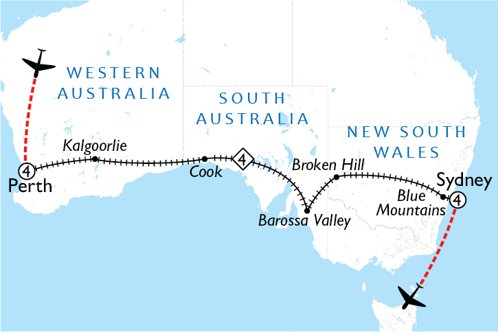Map of Indian Pacific + Perth & Sydney