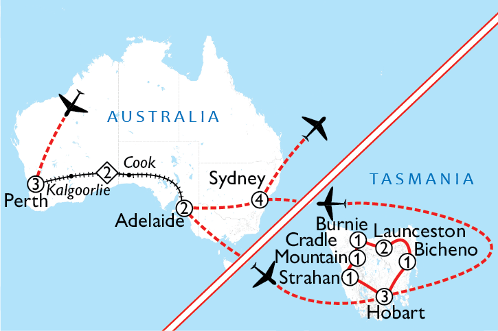 Map of Indian Pacific + Tasmania Tour