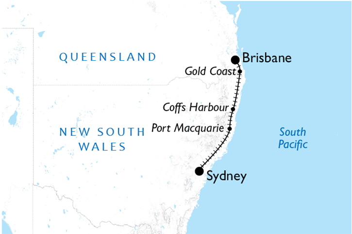 Sydney to Brisbane by Train route map