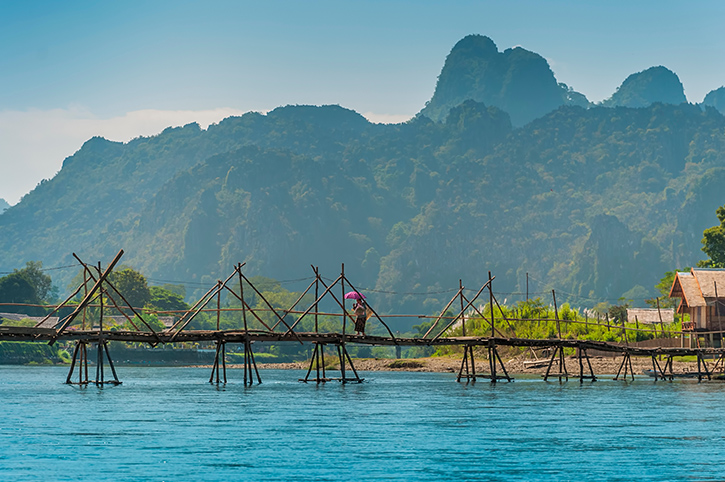 Bamboo bridge over the Nam Song River, Vang Vieng, Laos