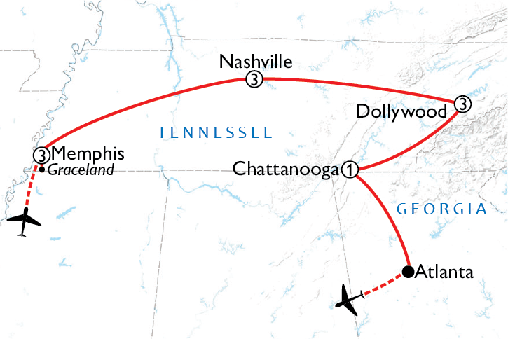 Map of Nashville, Graceland & Dollywood