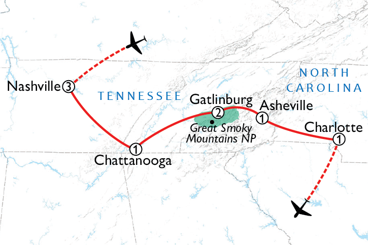 Map of Nashville to the Great Smoky Mountains