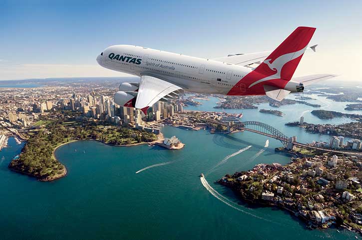 Qantas Airways A380 plane in flight of Sydney Harbour, Australia.