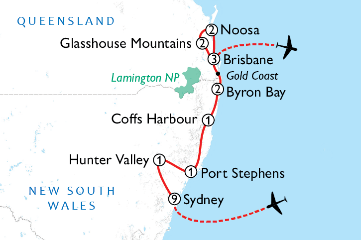 Sydney to Brisbane & Test Match, Ashes Cricket Holiday, Route Map