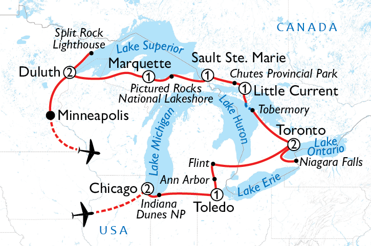 The Great Lakes Road Trip, Fly Drive Holiday, Route Map
