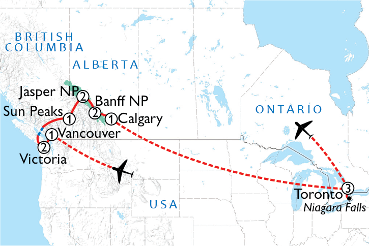 Map of Wonders of the Rockies + Niagara Falls